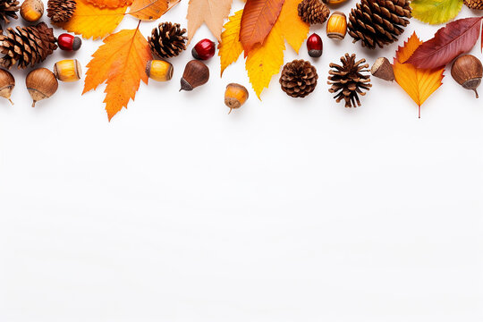 Generative AI Image of Pine Cones Leaves in Autumn with Blank Space on White Background