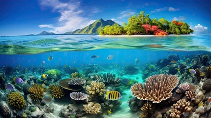 Fototapeta na wymiar Coral reefs teeming with a diverse marine population, forming a breathtaking and colorful undersea panorama. Submerged biodiversity, marine wonderland. Generated by AI.