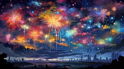 Starlit sky, a symphony of colors dazzling the night. Celebratory, bright, dynamic, magical, radiant, festivity, bursts, excitement, joyous, illuminating. Generated by AI.