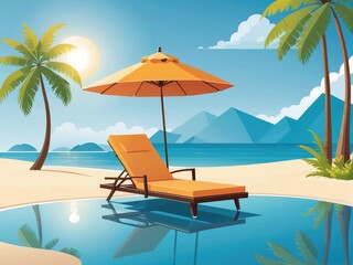 Fototapeta na wymiar a landscape with a chaise lounge or sun lounger, a palm tree on the beach by ai generated