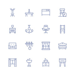 Furniture line icon set on transparent background with editable stroke. Containing coatrack, nightstand, sofa, window, table, chandelier, clotheshanger, sink, desk, deskchair, curtain, woodenchair.