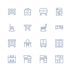 Furniture line icon set on transparent background with editable stroke. Containing cabinet, rockingchair, bedsidetable, shelf, table, desk, closet, bookcase, sideboard, window.