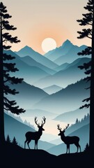 A morning mountain landscape adorned with deer and a lush forest by ai generated