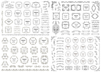 Big set of vector graphic elements for design. Decorative swirls and scrolls, vintage frames , flourishes, labels