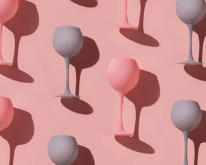 Minimal trend pattern from pink and blue colored wine glasses on pink background, monochrome geometric stylish layout of goblets. Entertainment, event, party concept. Abstract alcohol drinks
