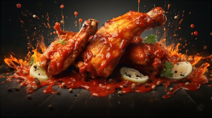 roasted chicken, floating, sauce, dark background, culinary, delicious, food photography, gastronomy, appetizing,