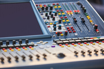 Professional audio mixer console detail. Sound equipment. Live event