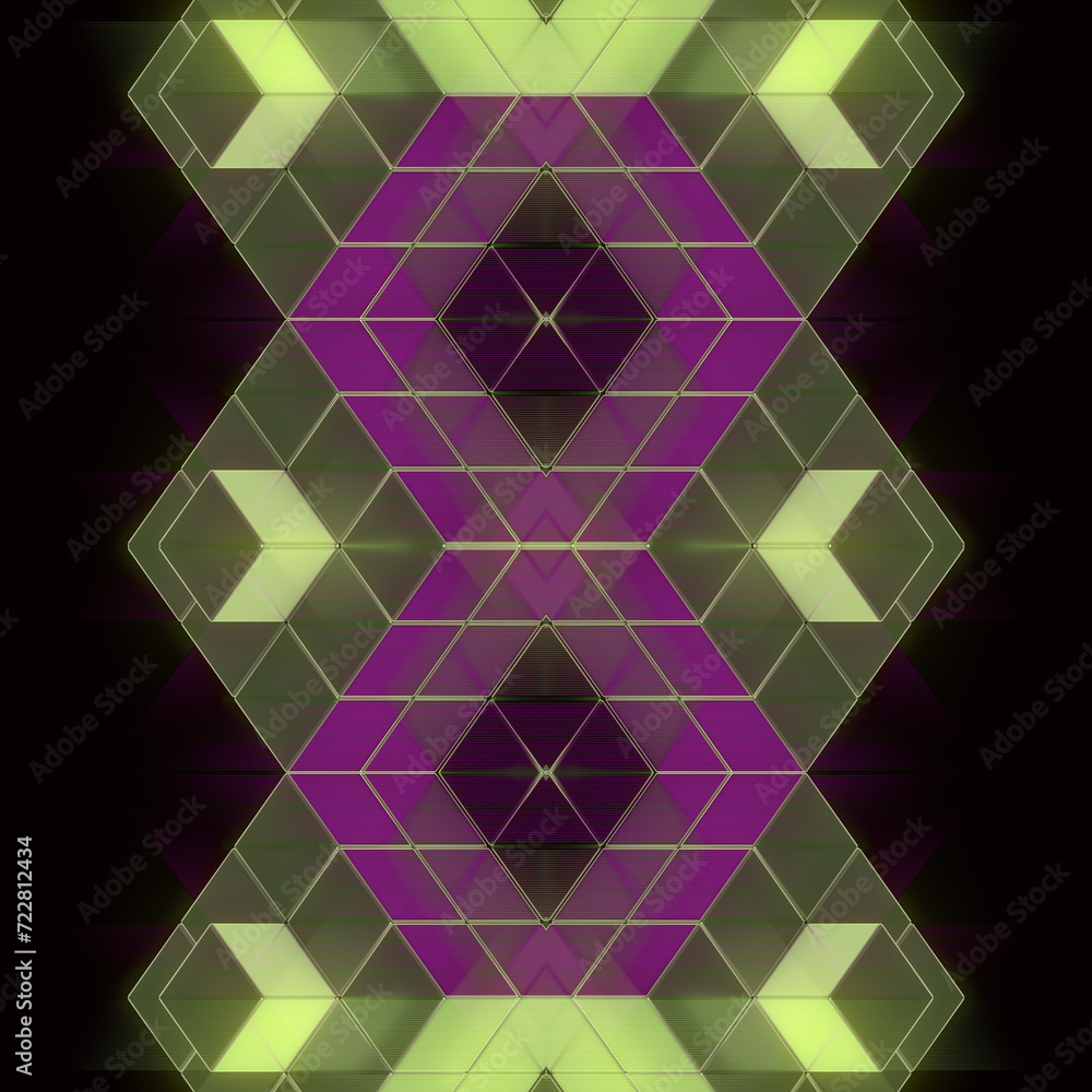 Poster digital illustration with a pattern of green and purple squares. abstract style. 3d rendering