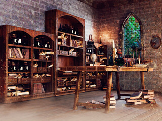 Fantasy scene with room with bookshelves and books lying on the floor, and a table with alchemical equipment and tools. No AI used. The image is not a real place  - it's a set of 3d objects.