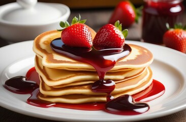 
Pancakes with strawberries, heart-shaped jam. Dessert. Maslinitsa