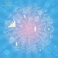 Mathematical equations and formulas in a circle frame. Drawn charts and graphs on a sunny abstract background. Bright yellow, blue, red, orange, green color explosive background.