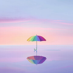 Minimalist Pink Sky with Reflective Multicolored Umbrella: A Study in Calm and Reflection