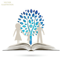 Open book of happy family stories. Tree. Sun Sunburst Pattern. Sunbeam ray pattern sunburst background. Bright yellow, blue, red, orange, green color explosive background.