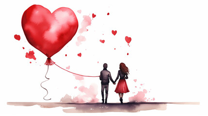 Romantic silhouette of loving couple. Valentines Day 14 February. Happy Lovers. watercolor style
