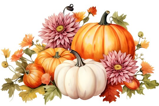 Beautiful vector image with nice watercolor pumpkins and autumn leaves