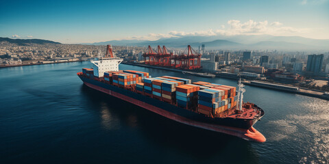 A large container cargo ship travels over the blue ocean for transport to the port. freight logistic