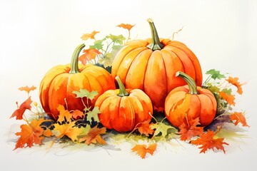 Naklejka na ściany i meble Pumpkins with autumn leaves on white background. Vector illustration.
