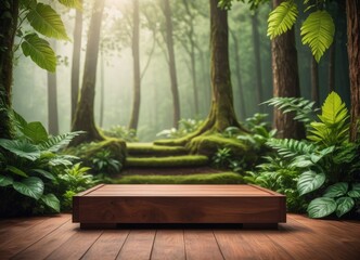 Obraz premium A wooden podium set against an eco-friendly green background by ai generated