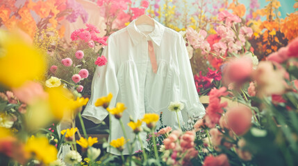 Vintage White Blouse with Red Tie Amidst a Lush Garden, Symbolizing Sustainable Fashion