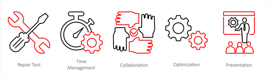 A set of 5 Mix icons as repair tool, time management, hand tool 
