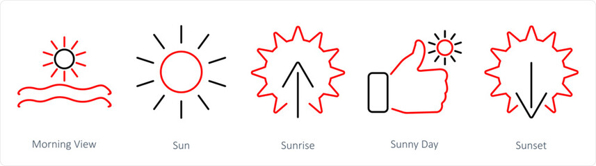 A set of 5 Mix icons as morning view, sun, sunrise