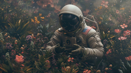 Spaceman exploring nature examining plants