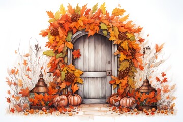 Autumn background with wooden door and pumpkins. Vector illustration.