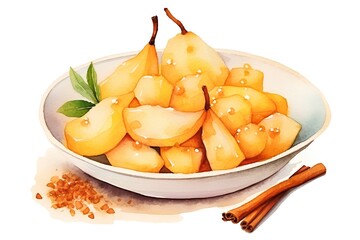 Naklejka na ściany i meble Bowl with pears and cinnamon. Watercolor hand drawn illustration