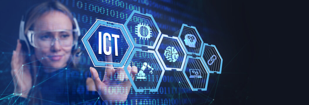 ICT Information communication technology internet concept on virtual screen.