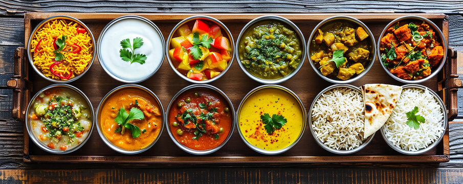Traditional Indian thali featuring an array of spiced curries, rice, and bread on  wooden tray ,
Palak Paneer, Chiken Tikka, Biryani, Vegetable Curry, Papad, Dal, Palak Sabji, Jira Alu,Rice  Saffron