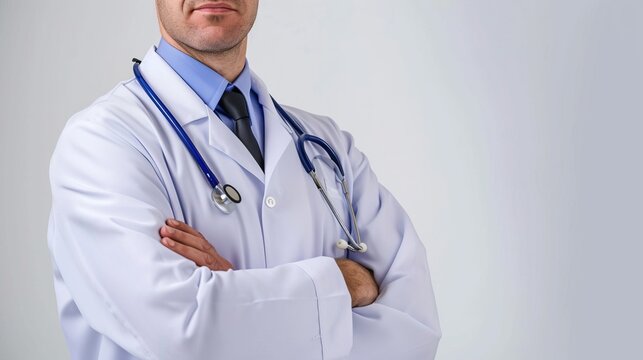 Studio photo of a doctor in a white coat with a stethoscope on a white background. The face of the medical worker is not visible. The concept of a clinic, hospital, and medical care