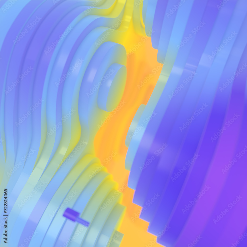Leinwandbilder Computer-generated digital illustration with a blue and yellow wave consisting of a series of curved lines. 3d rendering