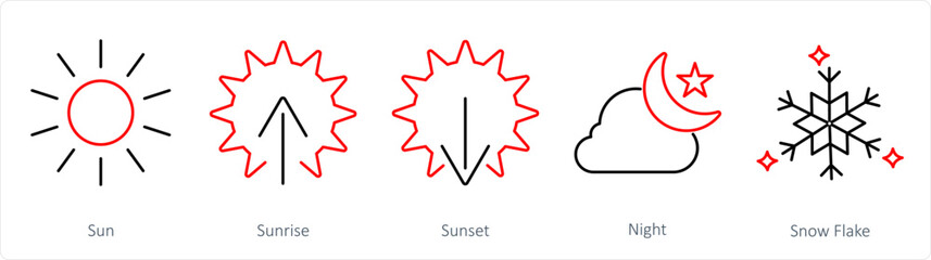A set of 5 mix icons as sun, sunrise, sunset