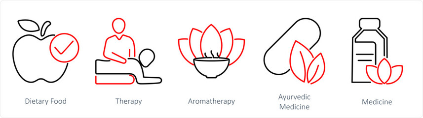 A set of 5 mix icons as dietary food, therapy, aromatherapy