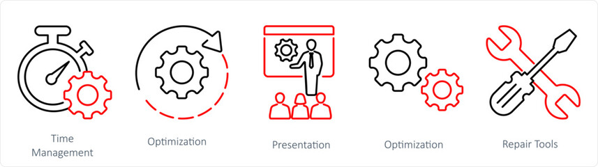 A set of 5 mix icons as repair tool box, hand tool, optimization