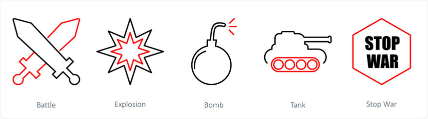 A set of 5 mix icons as battle, explosion, bomb