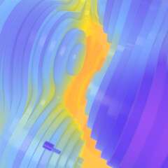 Computer-generated digital illustration with a blue and yellow wave consisting of a series of curved lines. 3d rendering