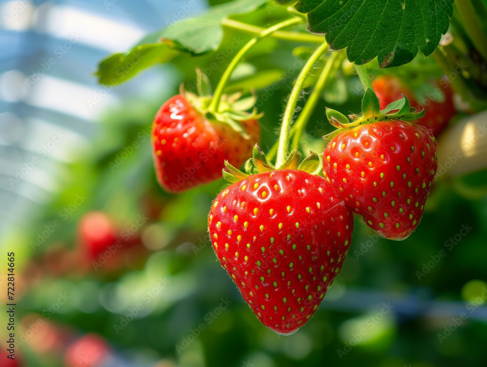 Sticker Bright red strawberries hanging from the plant, ready for picking.