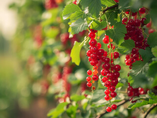 Fototapeta premium Vibrant redcurrants clustered on the branch, shining with freshness.