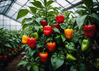 Several peppers are maturing on the tree within the greenhouse by ai generated