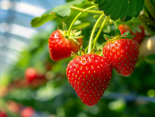 Bright red strawberries hanging from the plant, ready for picking.