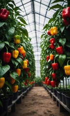 Fototapeta na wymiar Several peppers are maturing on the tree within the greenhouse by ai generated