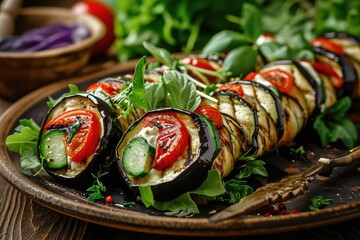 Stuffed Eggplant Rolls with Cream Cheese, Grilled Aubergine with Cucumbers, Tomatoes and Lettuce