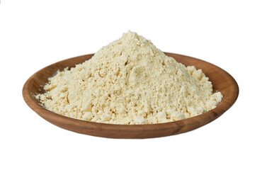 pile of chickpea chick pea legume flour isolated on white background. chickpea kala chana flour in wood bowl