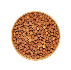 top view flat lay pile of raw black chickpea chick pea legume isolated on white background. raw black chickpea kala chana in wood bowl