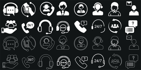 24/7 customer service icons, support symbols, help desk signs, communication vectors. White business assistance icons on black background for web, app design