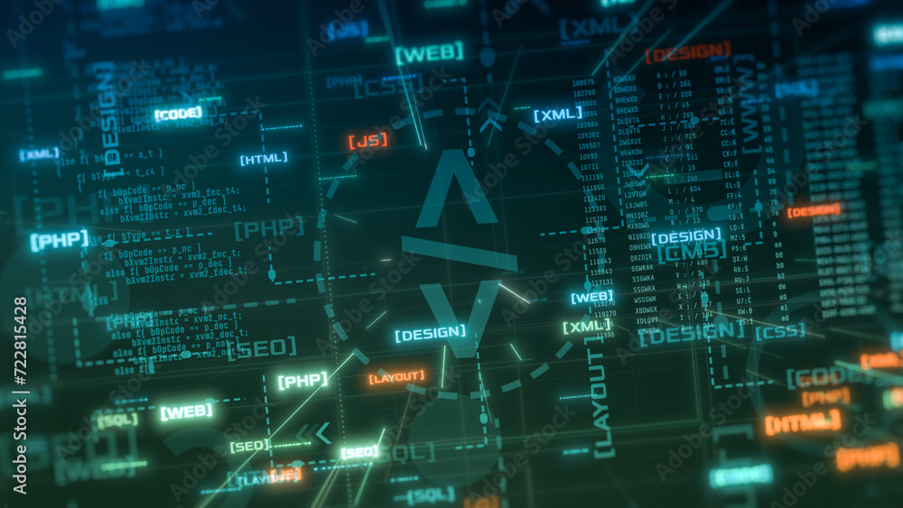 Poster diagram illustration, web design and development concept, abstract grid with symbols and technical t