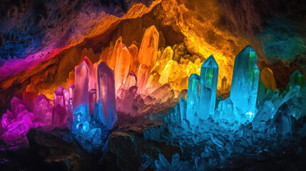 Many color gem glass stalagmite formations inside cave - obrazy, fototapety, plakaty
