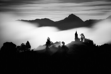 St.Primoz church ,Jamnik, Slovenia - moody black and white photo