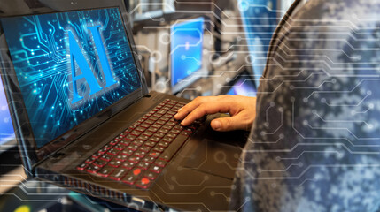 Using software with artificial intelligence. A programmer processes data on a laptop using artificial intelligence.